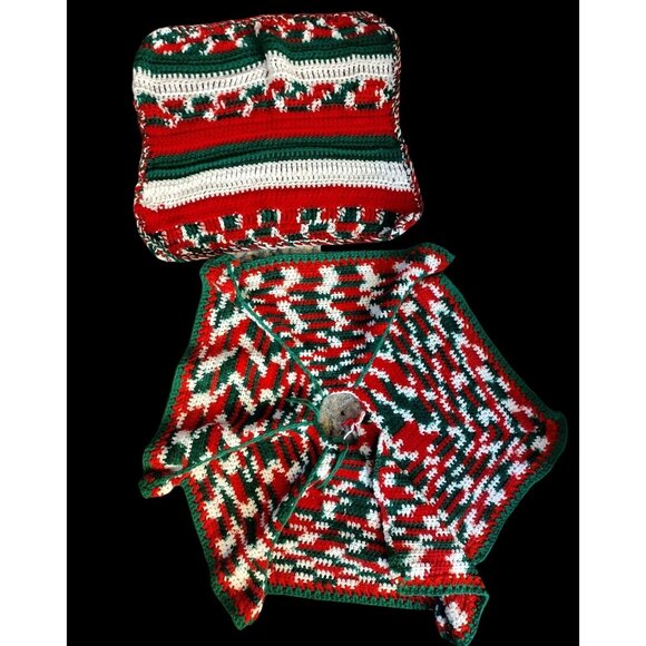 Handmade Christmas Tree Skirt Medium Table Cover Set Crochet Vintage Holiday - Picture 1 of 13